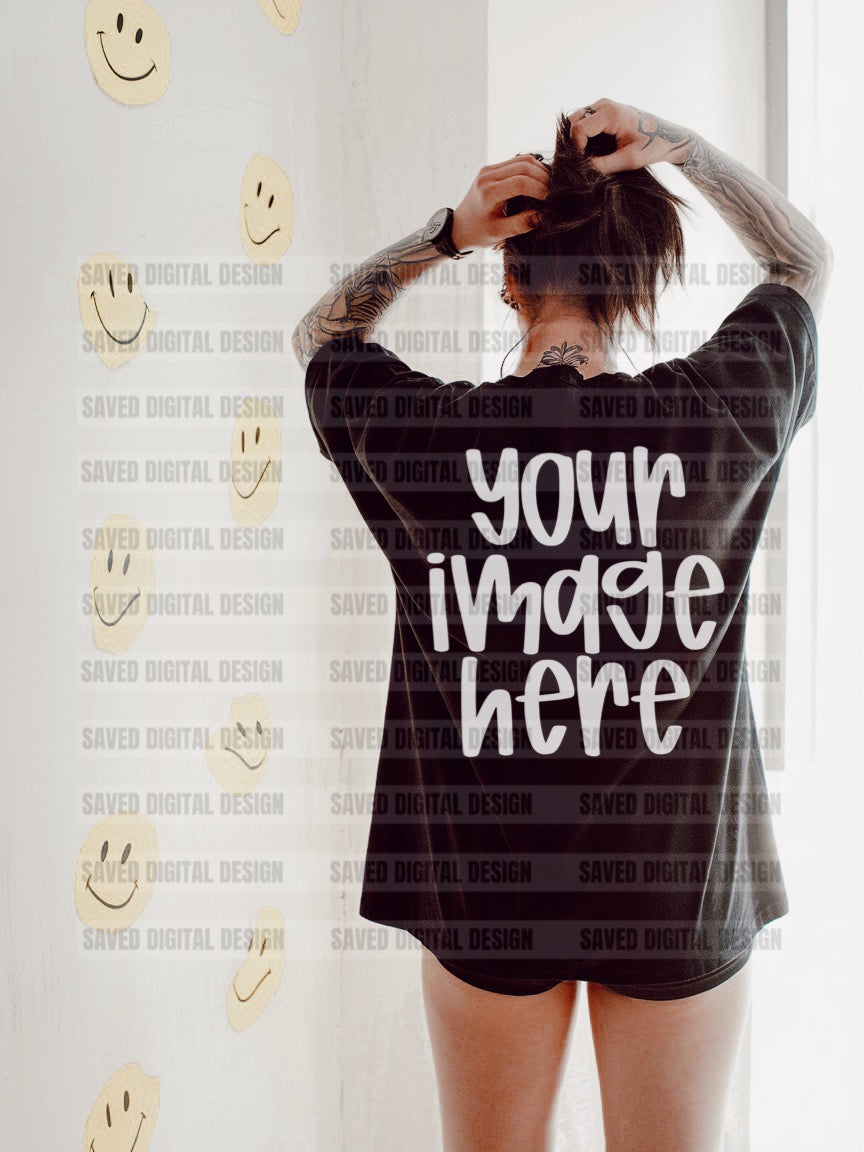 BLACK GILDAN BACK OF T-SHIRT MODELED MOCK SMILE WALL