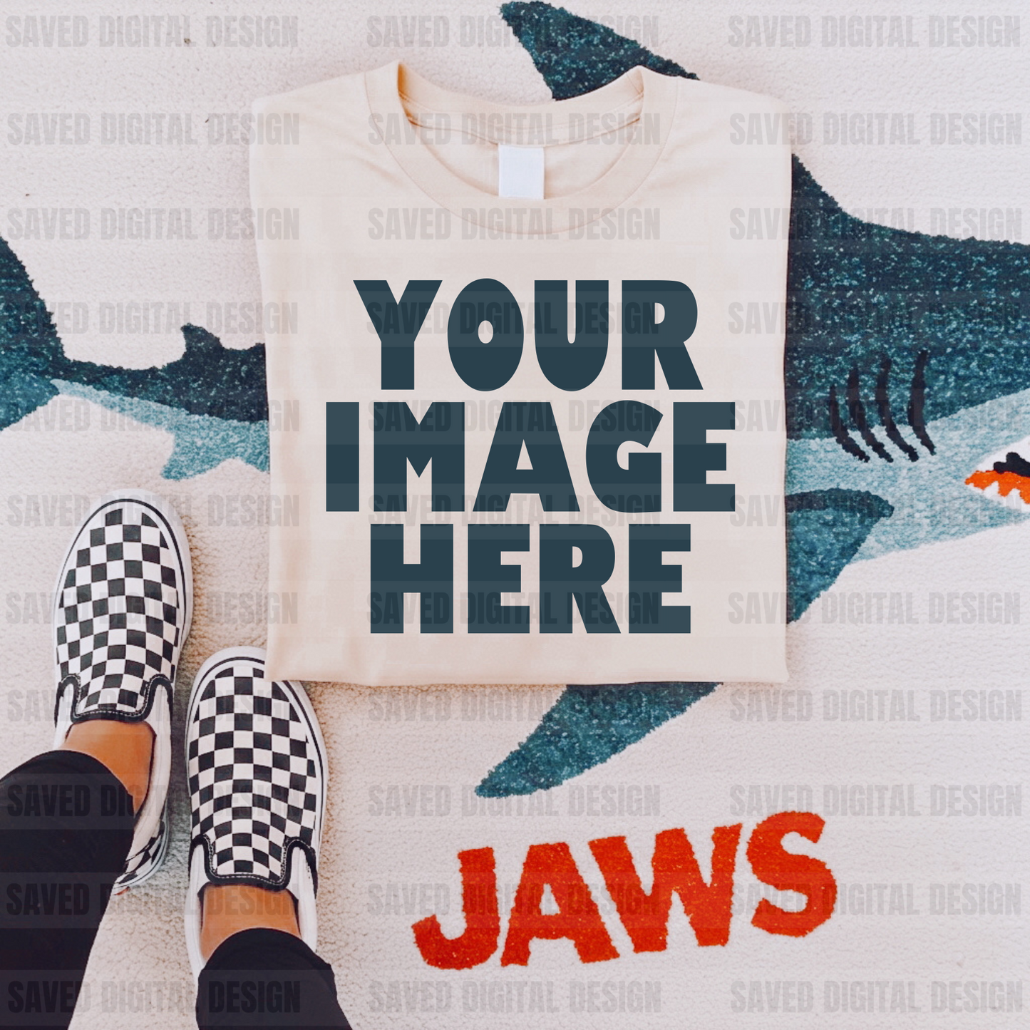 NATURAL UNBRANDED T-SHIRT FLAT LAY MOCK JAWS
