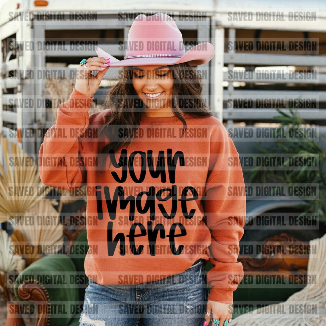 UNBRANDED RUST SWEATSHIRT COWGIRL FRONT + BACK MOCKS