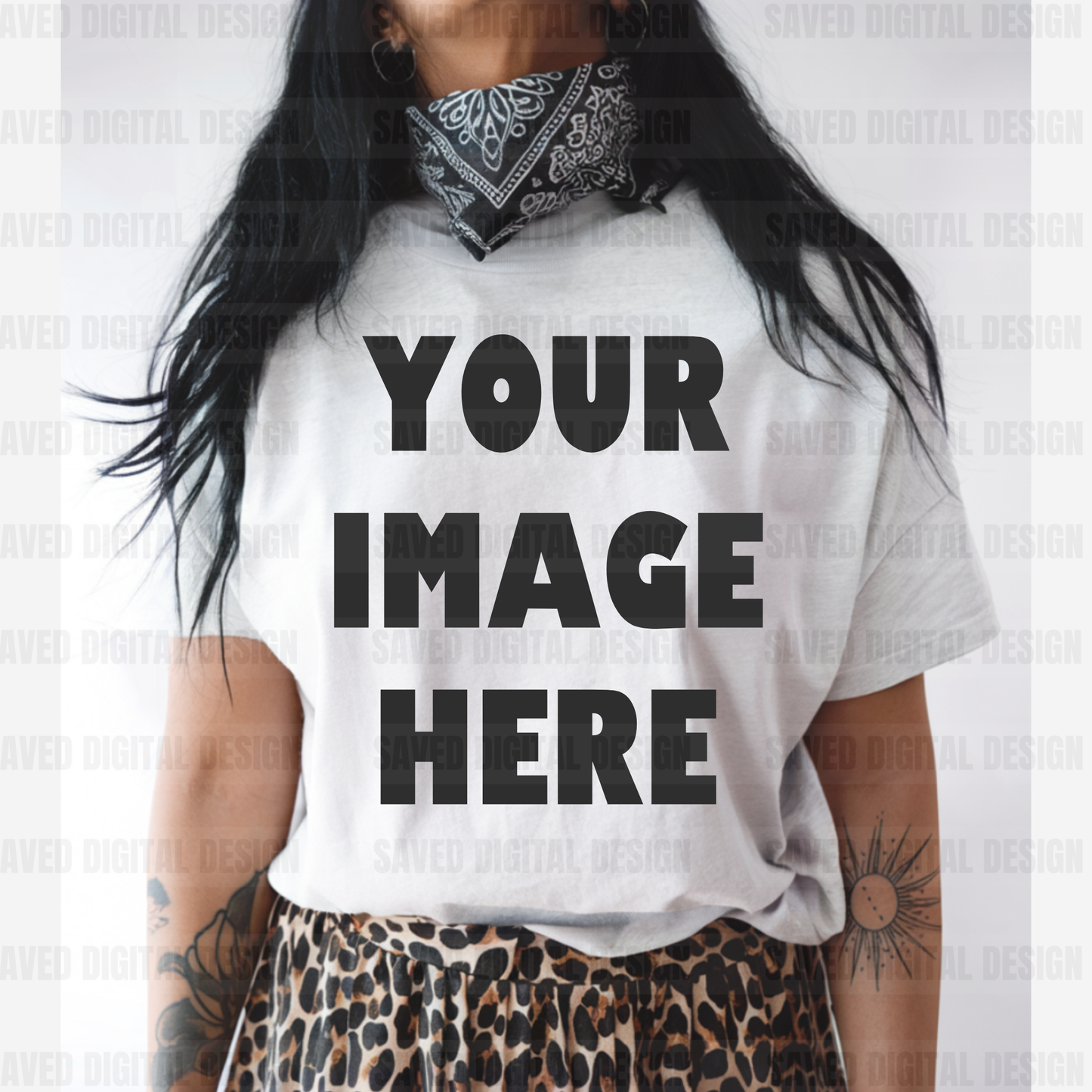 WHITE GILDAN T-SHIRT MODELED MOCK LEOPARD PANTS BANDANA