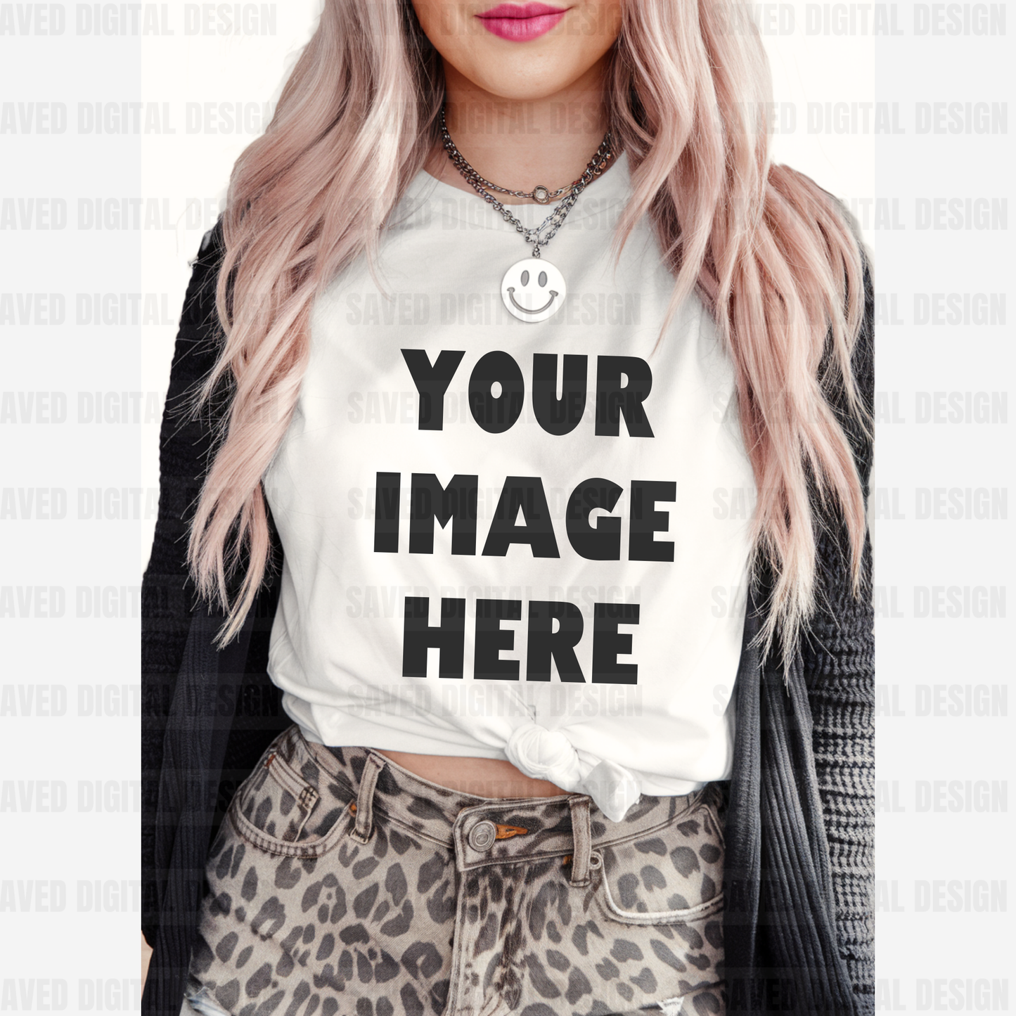 WHITE GILDAN T-SHIRT MODELED MOCK LEOPARD PANTS BLACK CARDIGAN