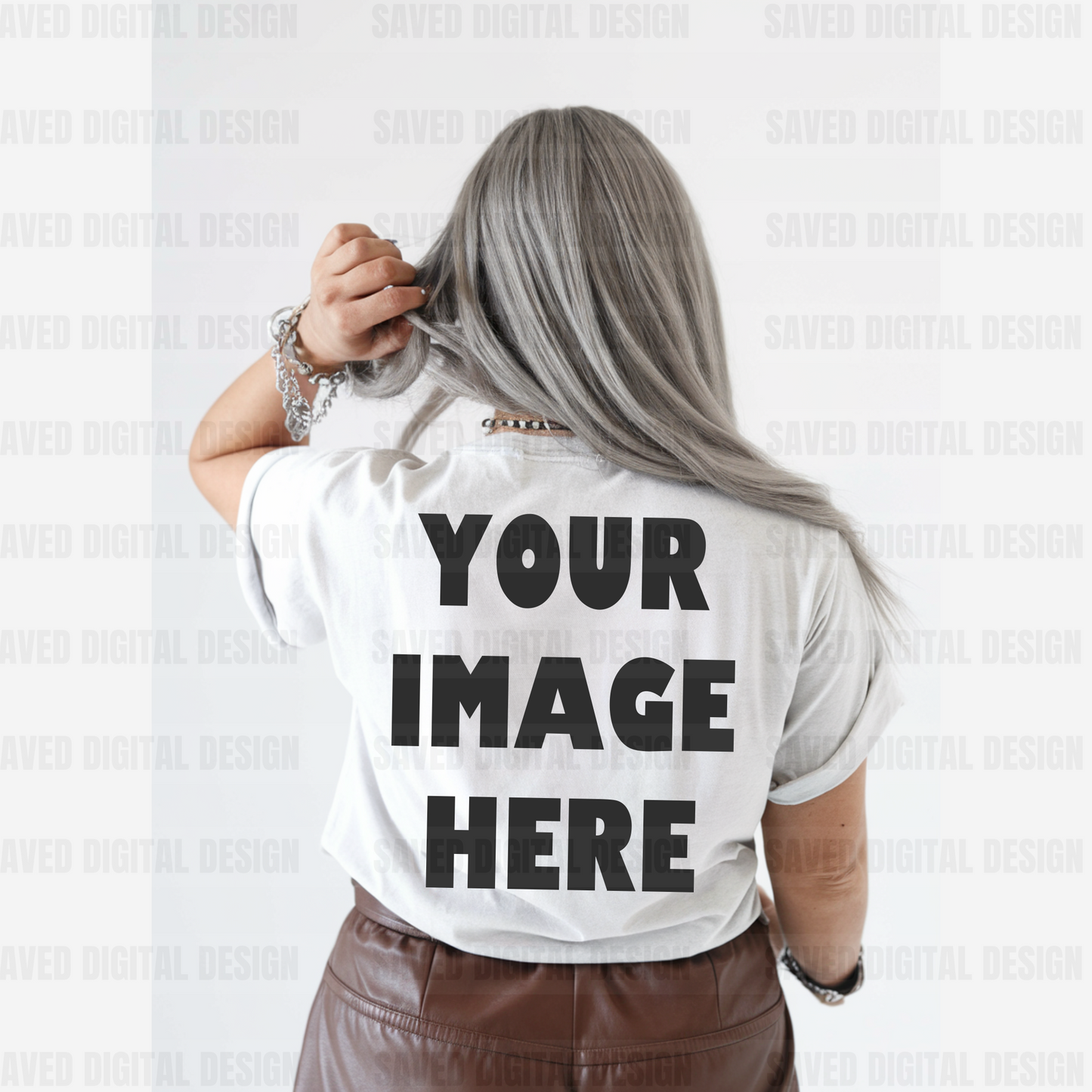 WHITE GILDAN BACK OF T-SHIRT MODELED MOCK LEATHER PANTS