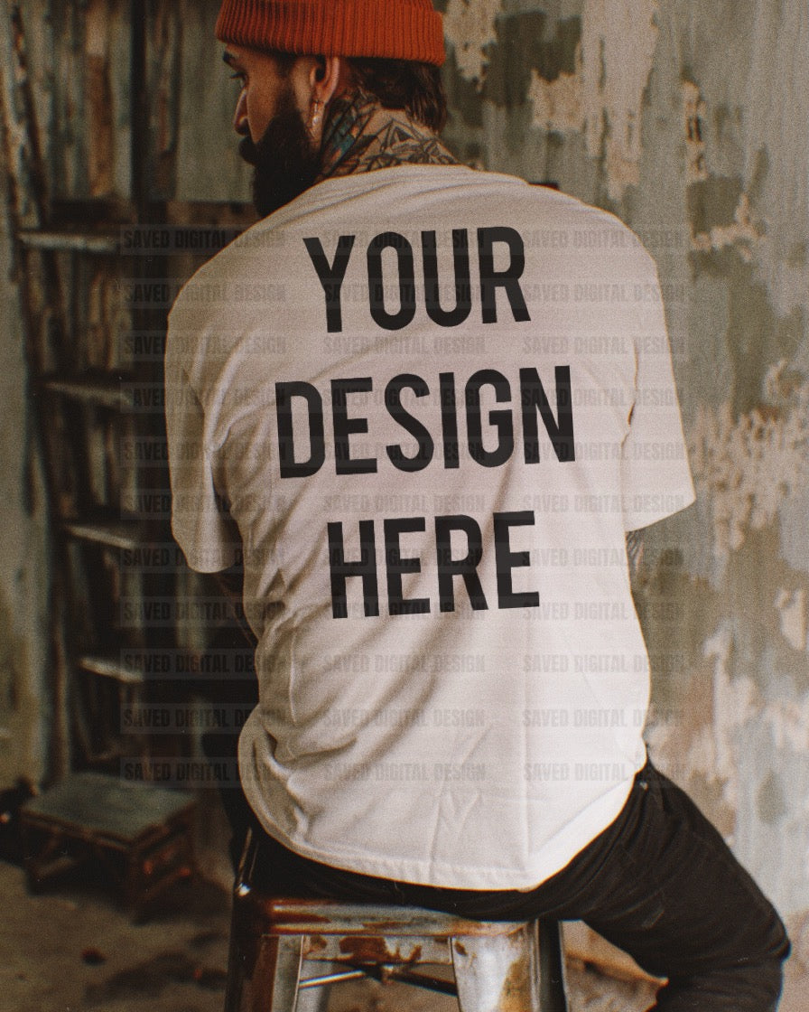 WHITE GILDAN BACK OF T-SHIRT MODELED MEN MOCK EDGY