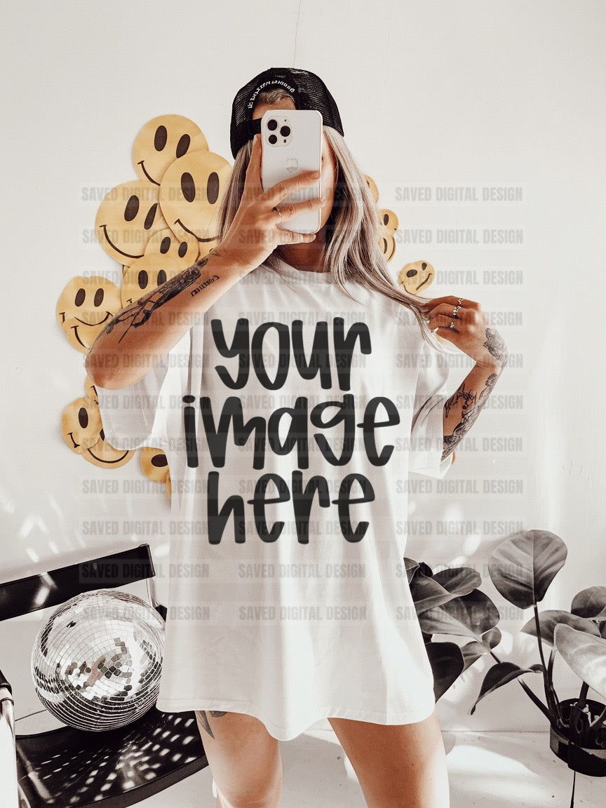 WHITE GILDAN T-SHIRT MODELED MOCK SMILE WALL COLLAGE WITH DISCO