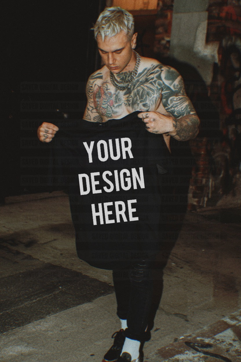BLACK GILDAN T-SHIRT MODELED MEN MOCK EDGY