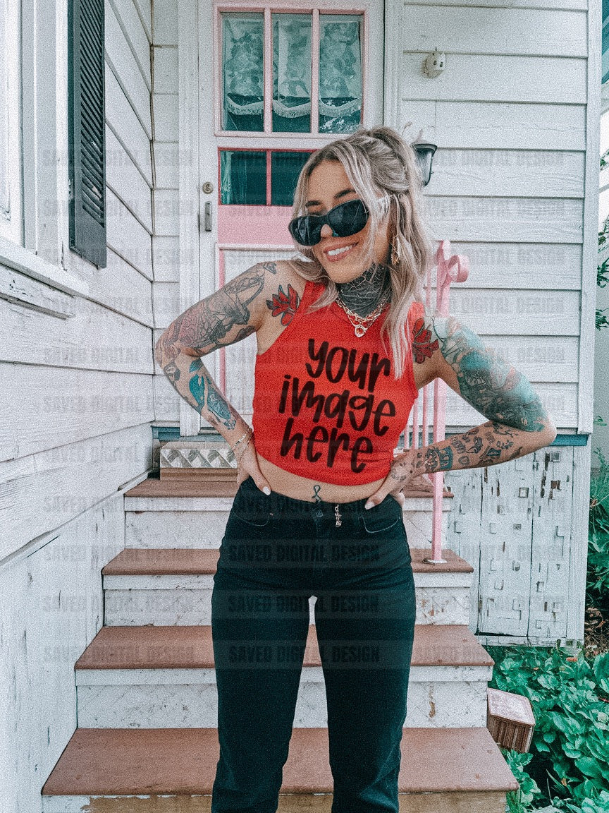 UNBRANDED RED TANK MODEL MOCK EDGY TATTOO BLACK JEANS