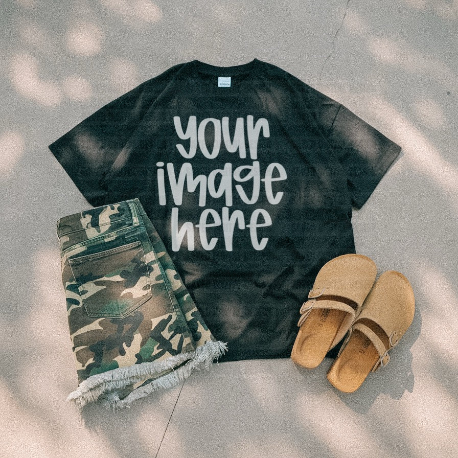 BLACK GILDAN FLAT LAY TEE MOCK CAMO SHORTS