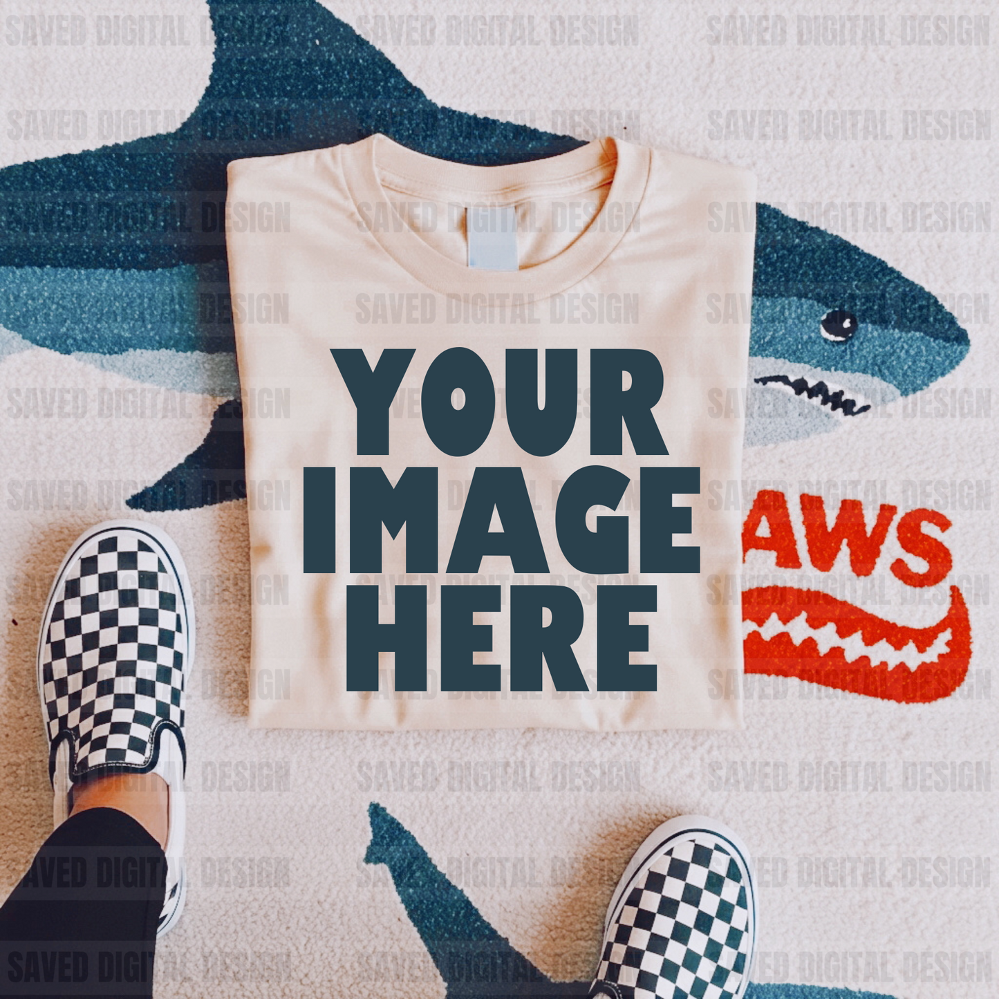 NATURAL UNBRANDED T-SHIRT FLAT LAY MOCK JAWS