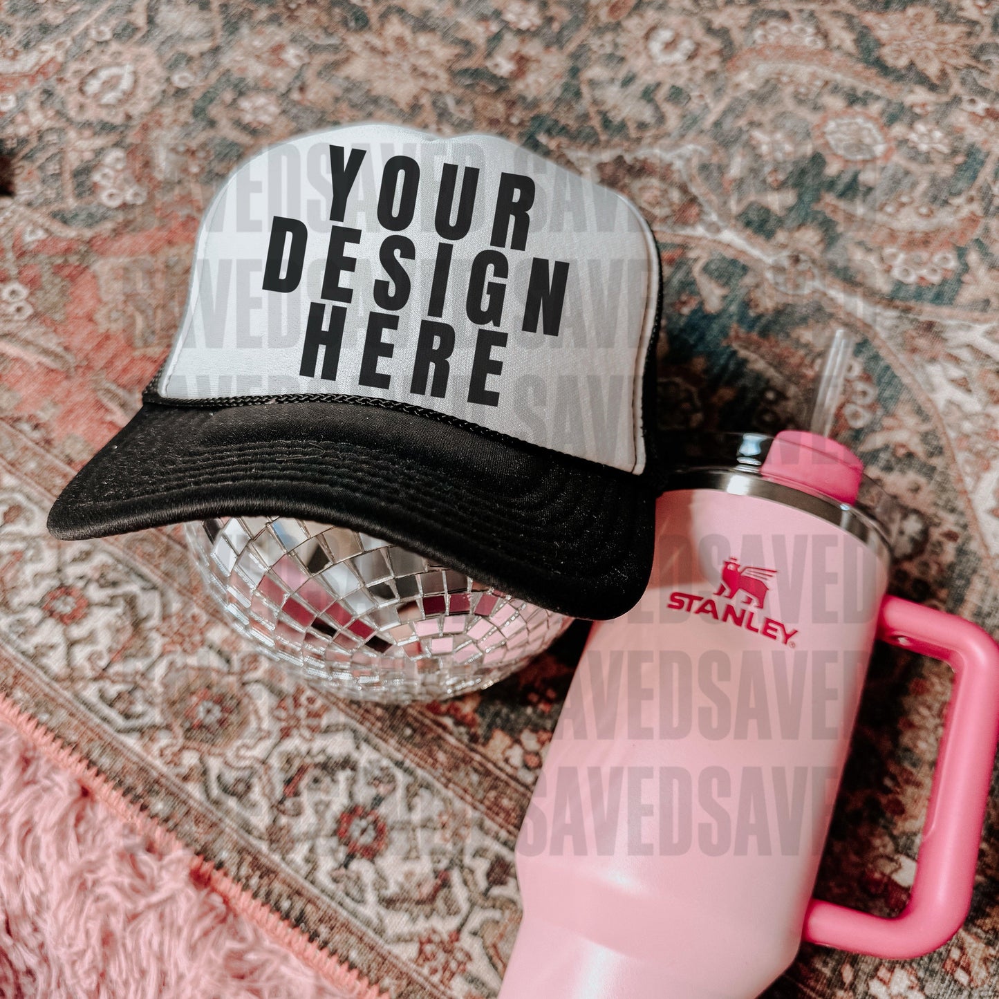 PREPPY PINK BUSY TRUCKER CAP MOCK UP