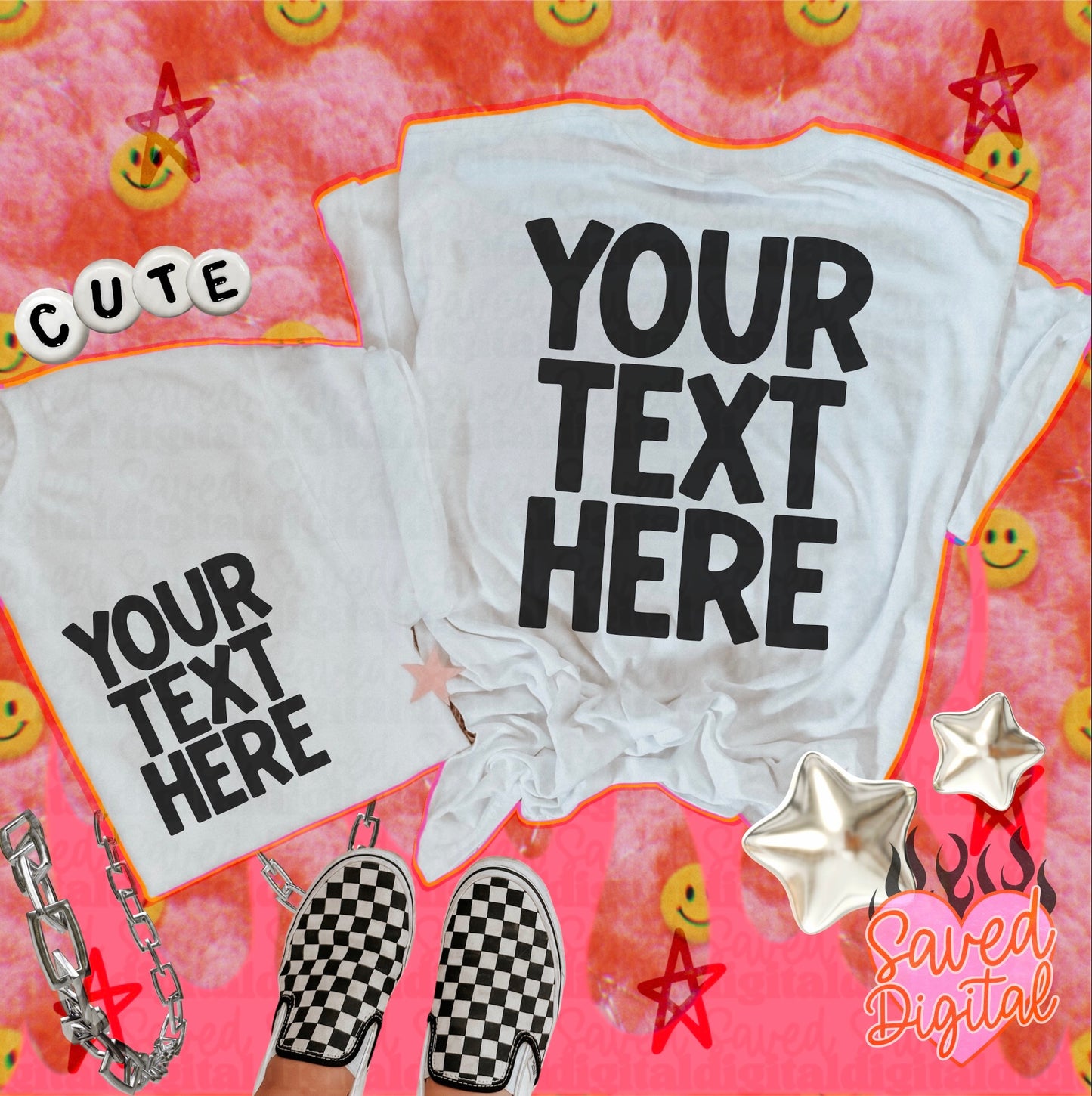 WHITE FRONT + BACK T-SHIRT MOCK PINK DOPAMINE BACKGROUND