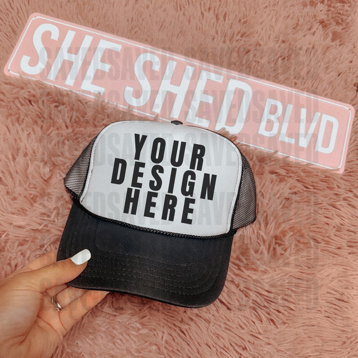 SHE SHED BLACK WHITE TRUCKER CAP MOCK