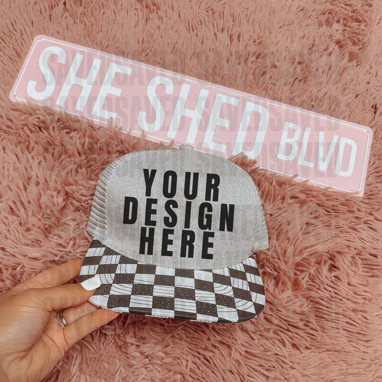 SHE SHED CHECKERED GREY TRUCKER CAP MOCK