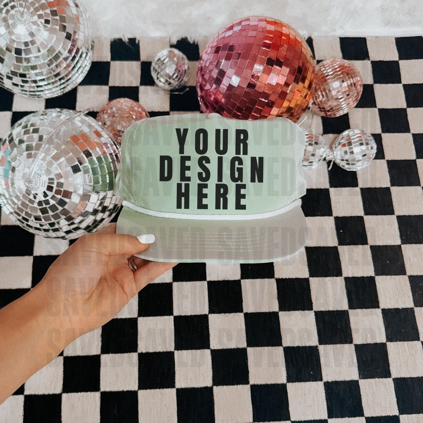 CHECKERED DISCO GREEN GRANDPAS TRUCKER CAP MOCK