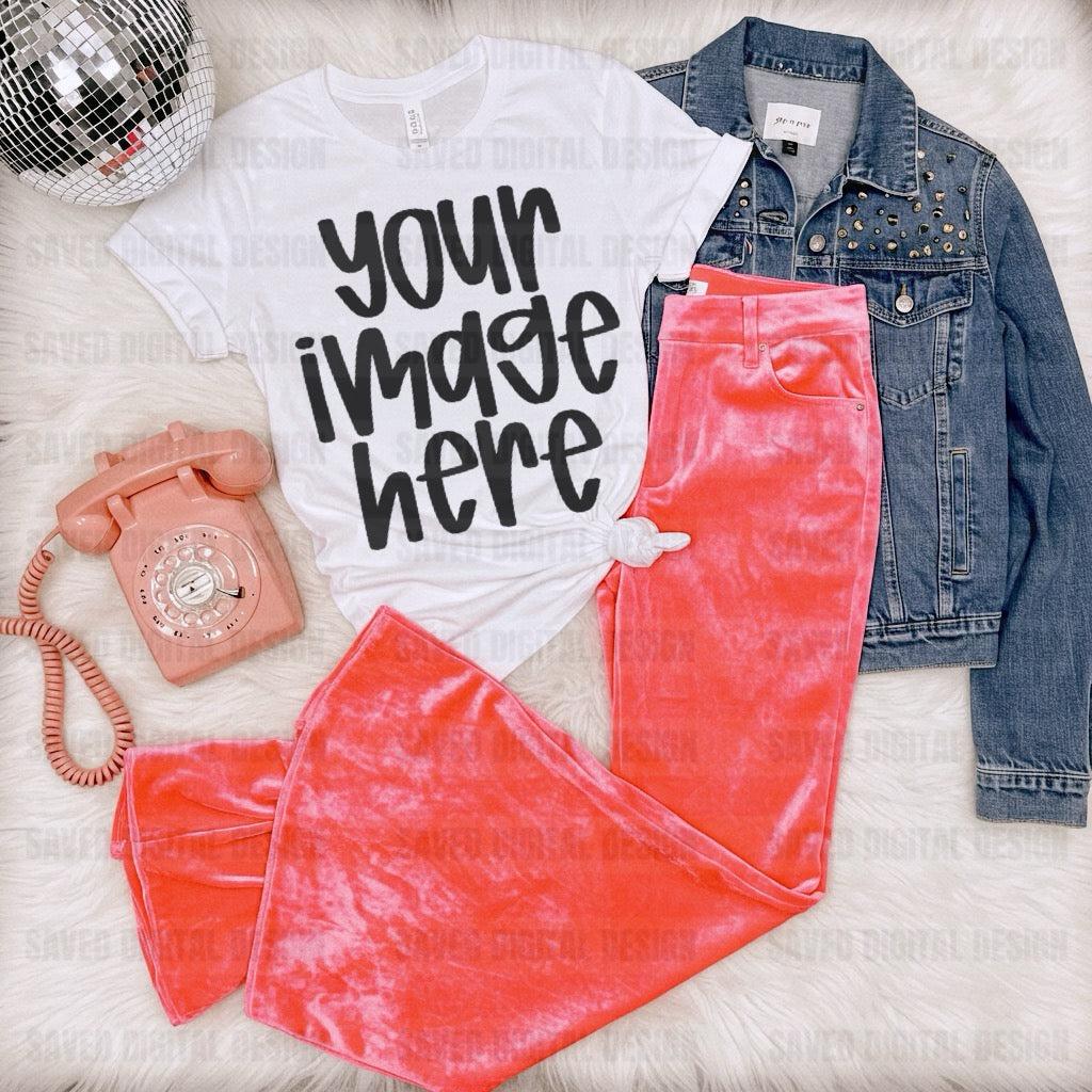 WHITE UNBRANDED T-SHIRT FLAT LAY PREPPY DISCO MOCK