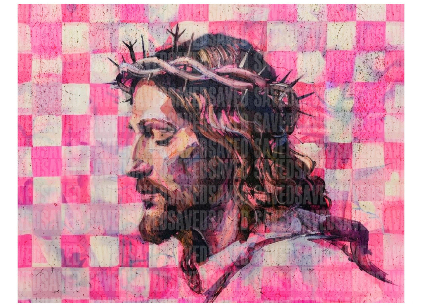PINK CHECKERED JESUS PAINTING PNG