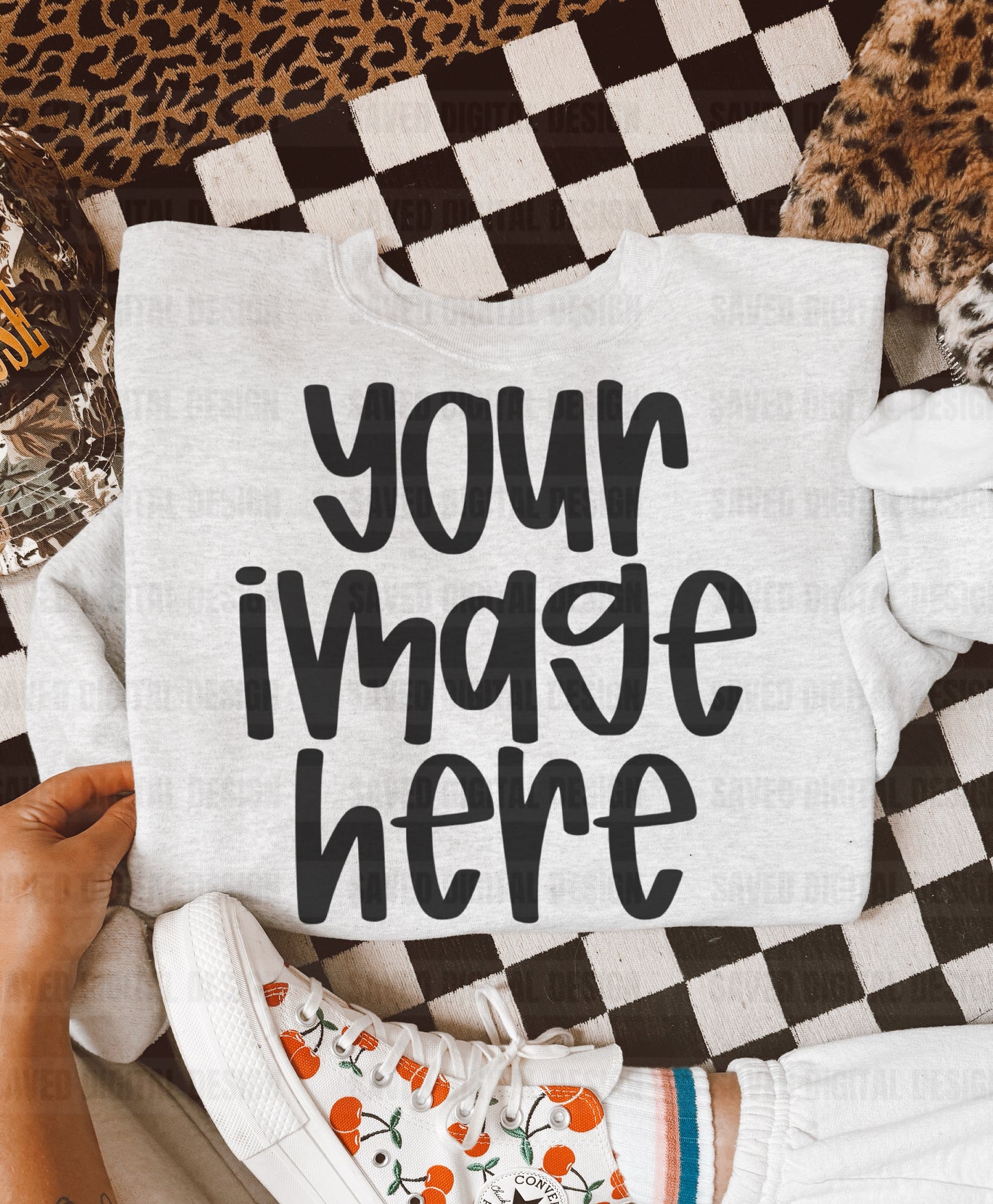 GILDAN WHITE SWEATSHIRT FLAT LAY CHECKERED LEOPARD CHERRY MOCK