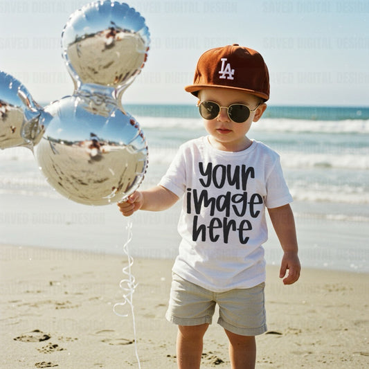 WHITE GILDAN KIDS MODEL TEE MOCK BEACH MICK BALLOON