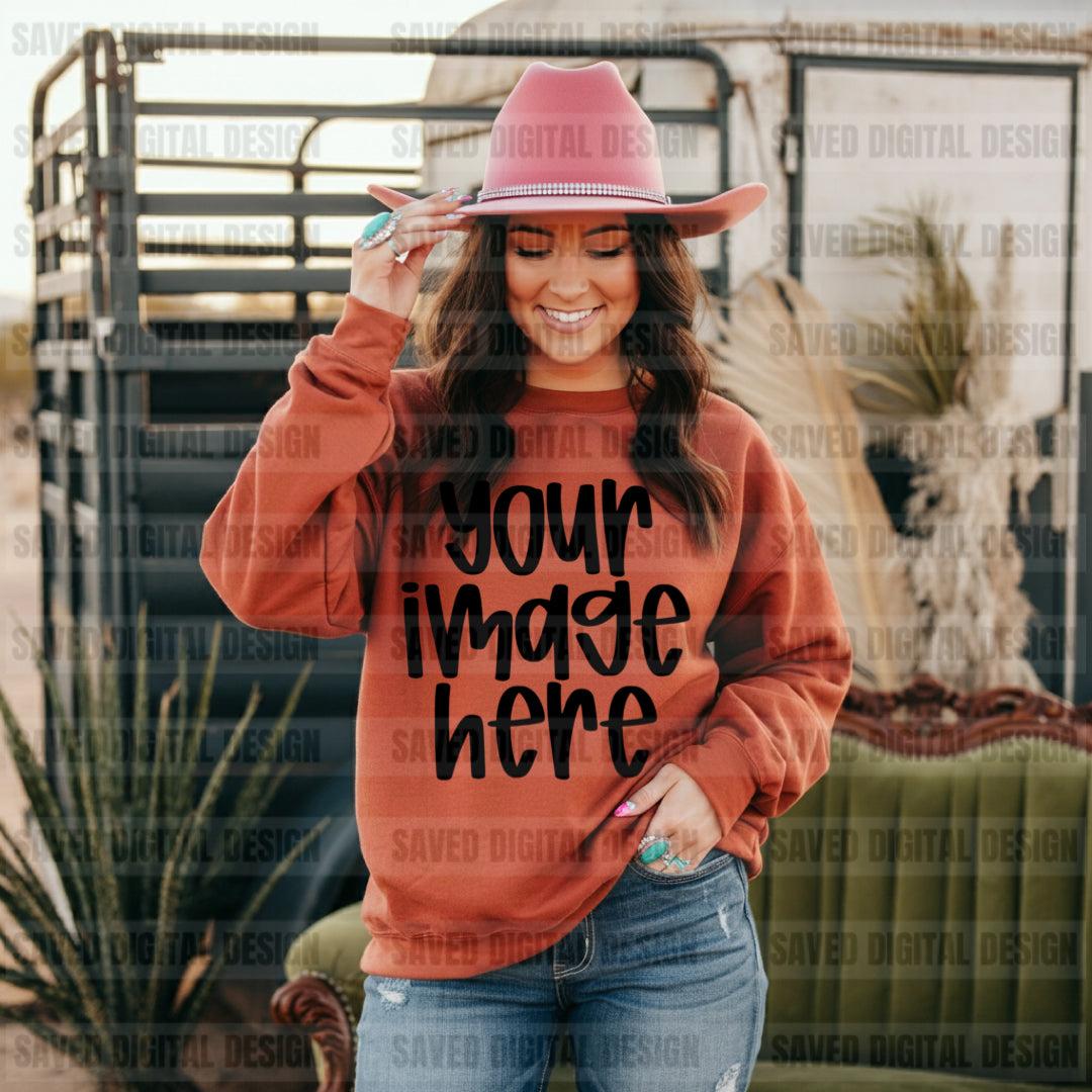 UNBRANDED RUST SWEATSHIRT COWGIRL FRONT + BACK MOCKS