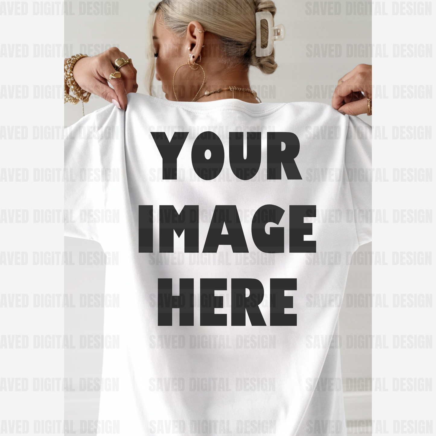 WHITE GILDAN BACK OF T-SHIRT MODELED MOCK