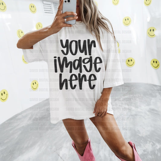 WHITE GILDAN T-SHIRT MODELED MOCK SMILE WALL WITH PINK BOOTS