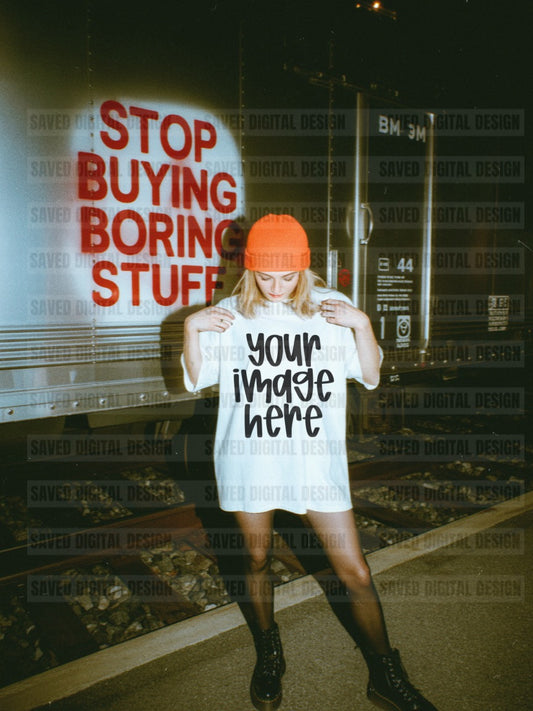 WHITE GILDAN OVERSIZED MODEL MOCK - STOP BUYING BORING STUFF