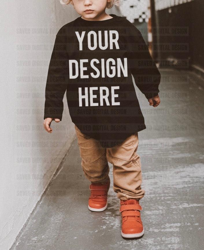 BLACK UNBRANDED LONG SLEEVE T-SHIRT MODELED BOY KIDS MOCK