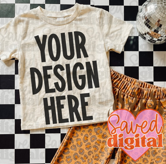 NATURAL GILDAN FLAT LAY MOCK WITH LEOPARD SHORTS & CHECKER BACKGROUND
