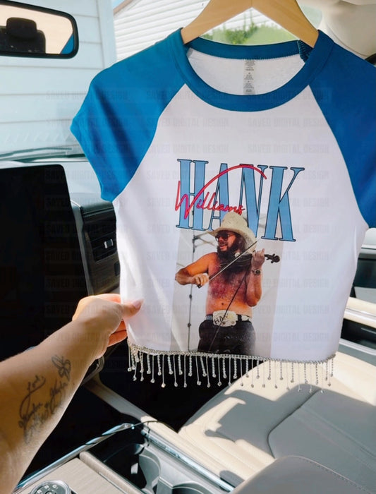 HANK COLOR BLOCK RHINESTONE TASSEL CROP TEE - SMALL