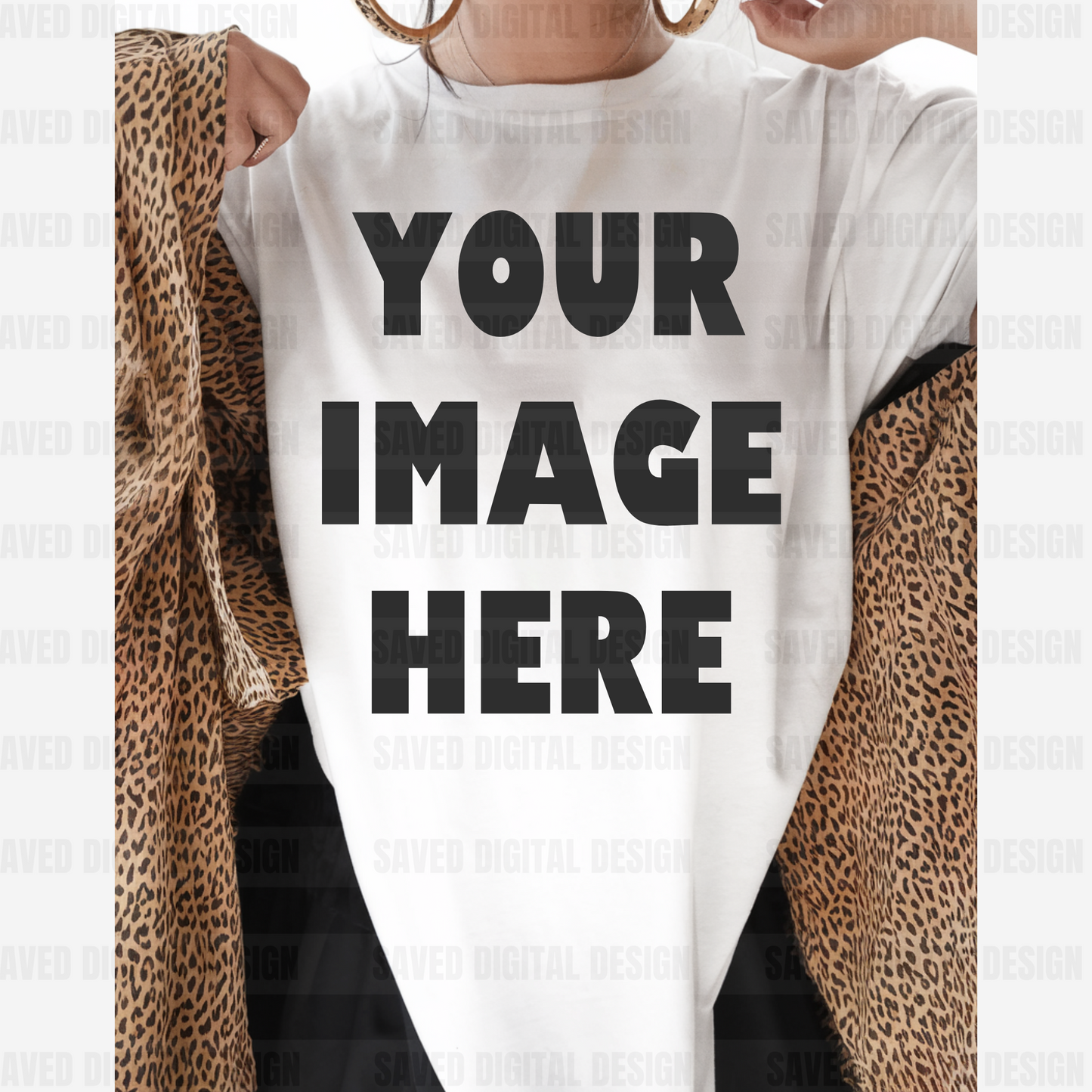 WHITE GILDAN T-SHIRT MODELED MOCK LEOPARD
