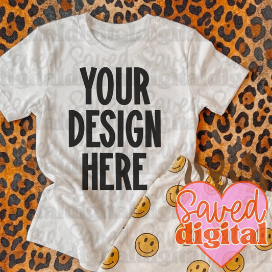 WHITE GILDAN FLAT LAY MOCK WITH HAPPY SHORTS & LEOPARD BACKGROUND