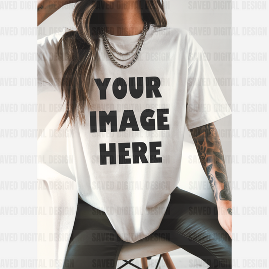 WHITE GILDAN T-SHIRT MODELED MOCK BLACK PANTS
