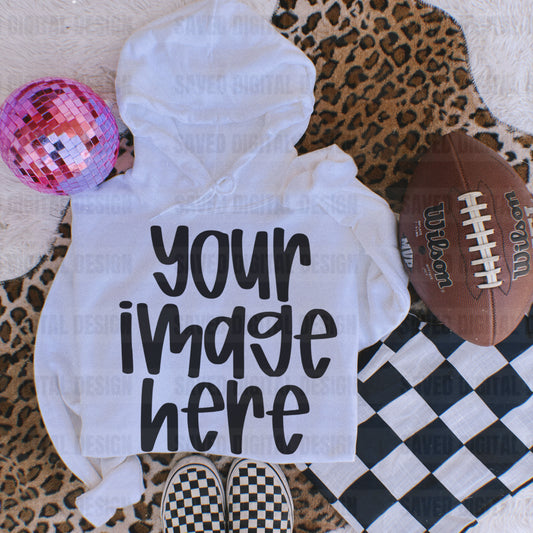 GILDAN WHITE HOODIE FLAT LAY MOCK FOOTBALL CHECKER LEOPARD