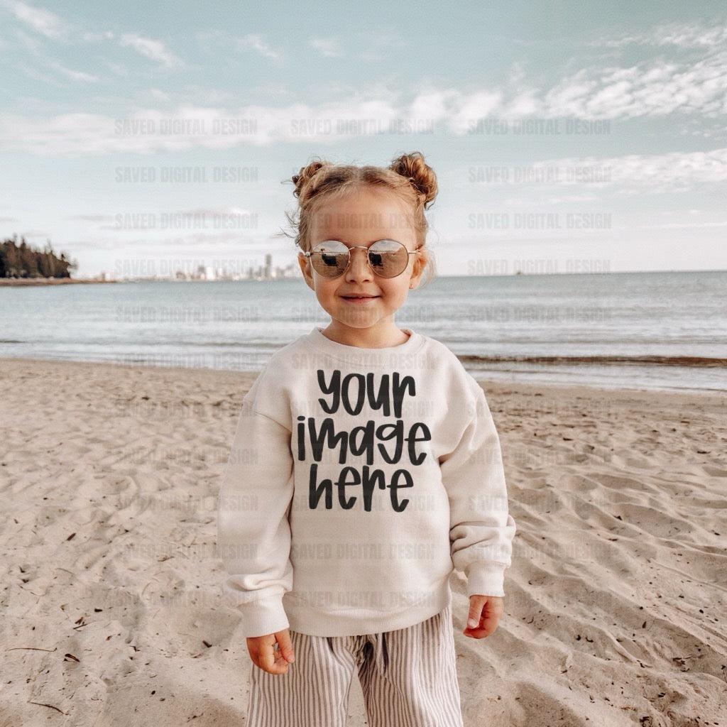 SAND UNBRANDED SWEATSHIRT MODELED GIRL KIDS MOCK BEACH
