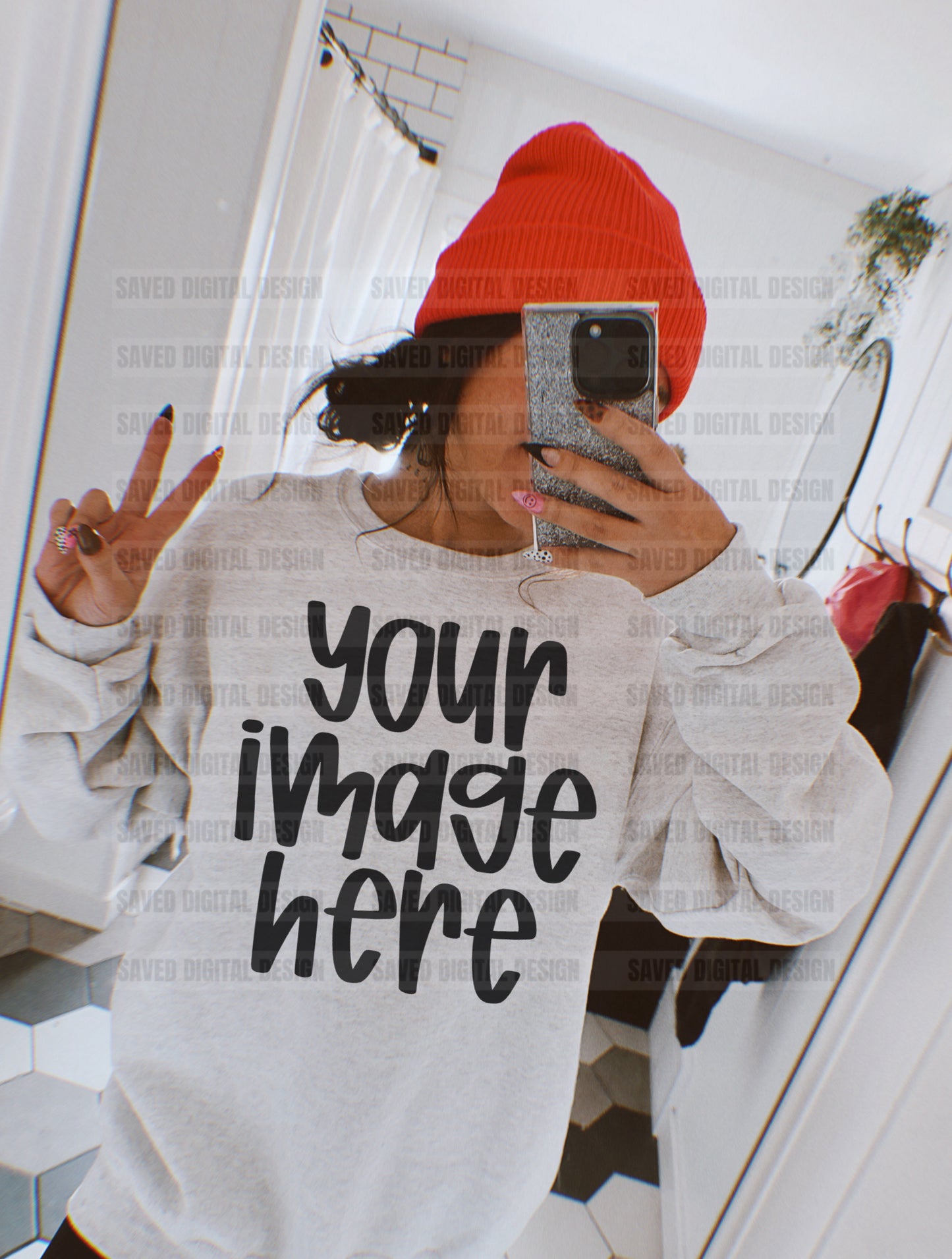 GILDAN ASH SWEATSHIRT MODELED MOCK MIRROR PINK BEANIE