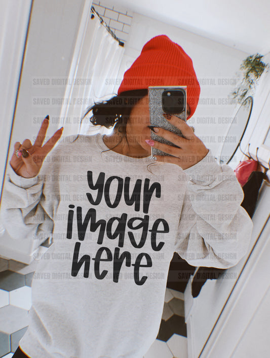 GILDAN ASH SWEATSHIRT MODELED MOCK MIRROR PINK BEANIE