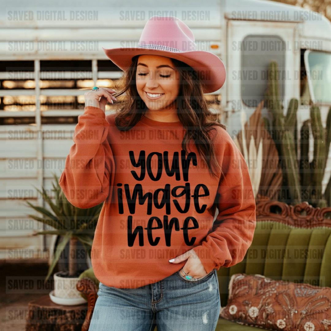 UNBRANDED RUST SWEATSHIRT COWGIRL FRONT + BACK MOCKS