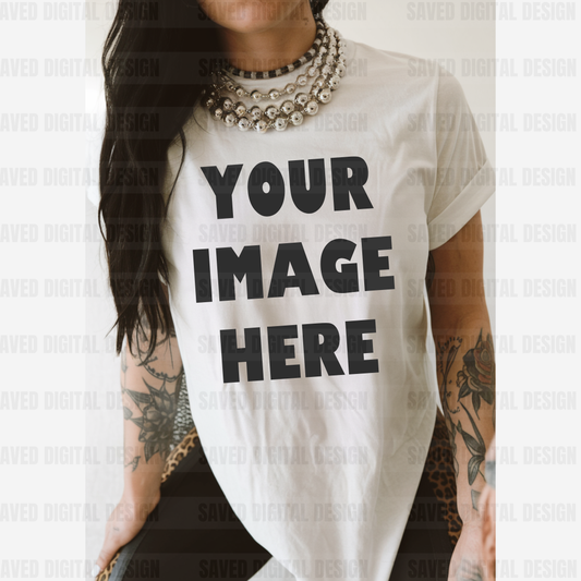 WHITE GILDAN T-SHIRT MODELED MOCK BLACK LEOPARD PANTS
