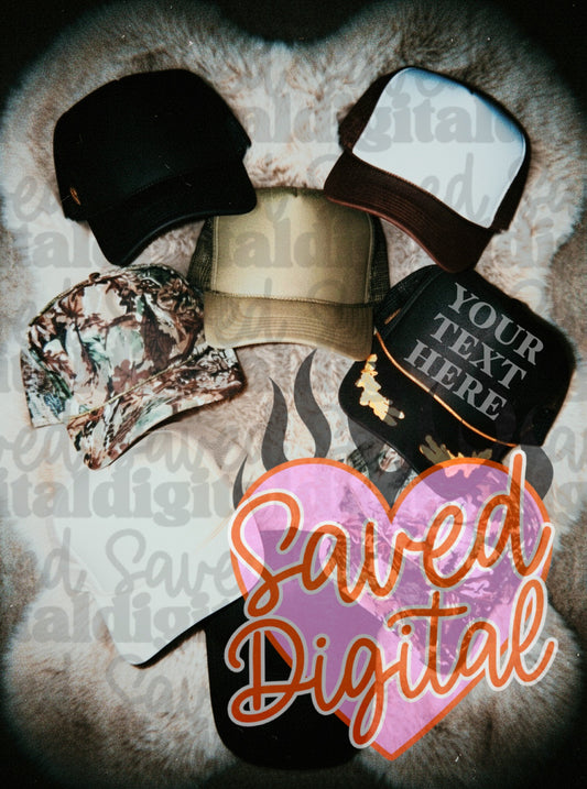 TRUCKER HAT COLLAGE MOCK BLACK BACKGROUND PINK RUG - CAMO BOAT GREEN WHITE BLACK TRUCKER