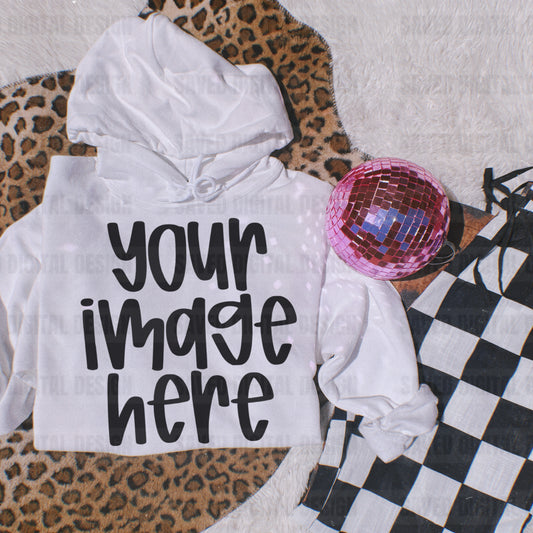 GILDAN WHITE HOODIE FLAT LAY MOCK DISCO CHECKER LEOPARD