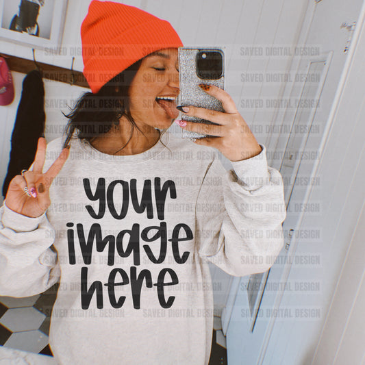 GILDAN ASH SWEATSHIRT MODELED MOCK MIRROR PINK BEANIE