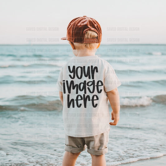 WHITE UNBRANDED TODLER T-SHIRT MODELED BOY KIDS MOCK BEACH