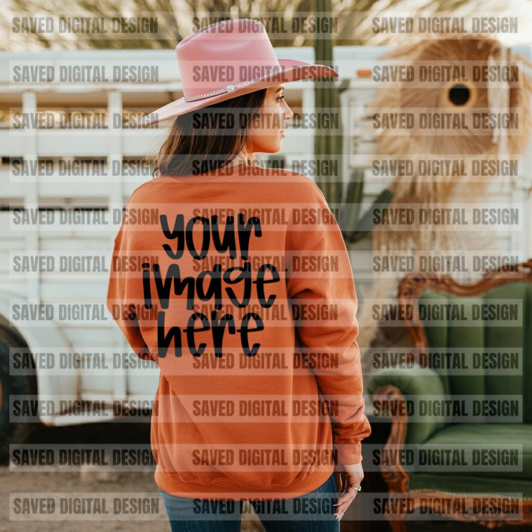 UNBRANDED RUST SWEATSHIRT COWGIRL FRONT + BACK MOCKS