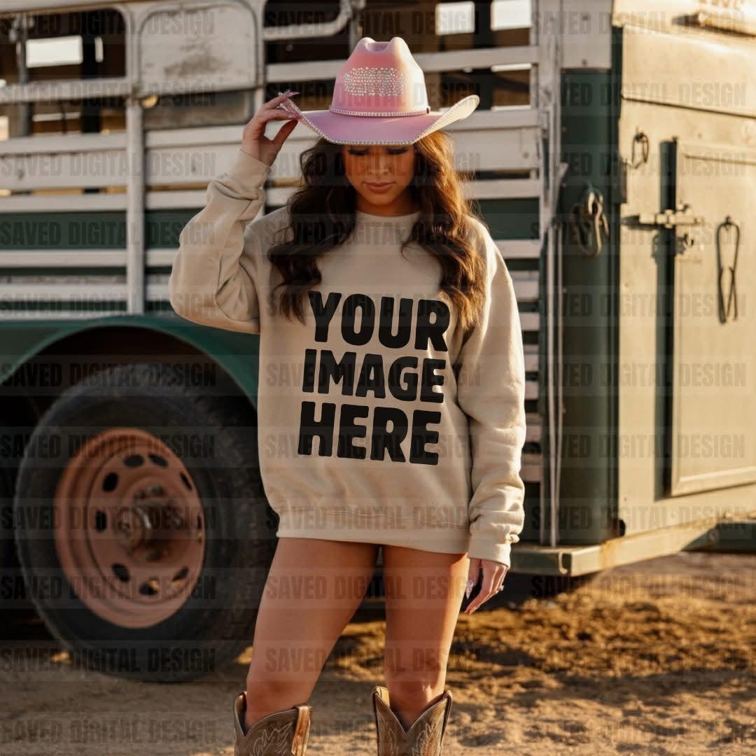 UNBRANDED SAND SWEATSHIRT COWGIRL FRONT MOCKS