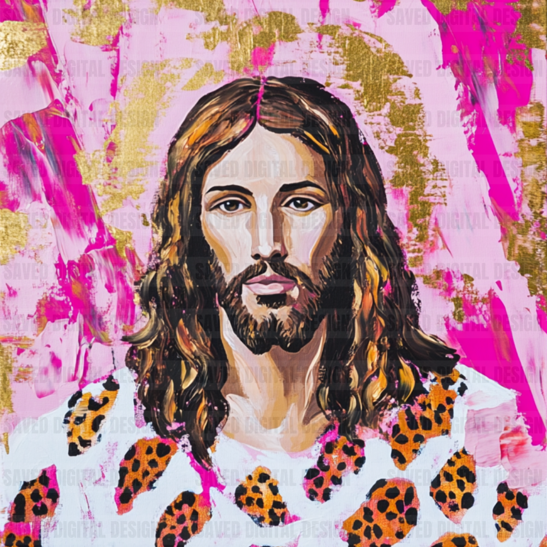 OIL PAINTED JESUS PORTRAIT LEOPARD HOT PINK & GOLD