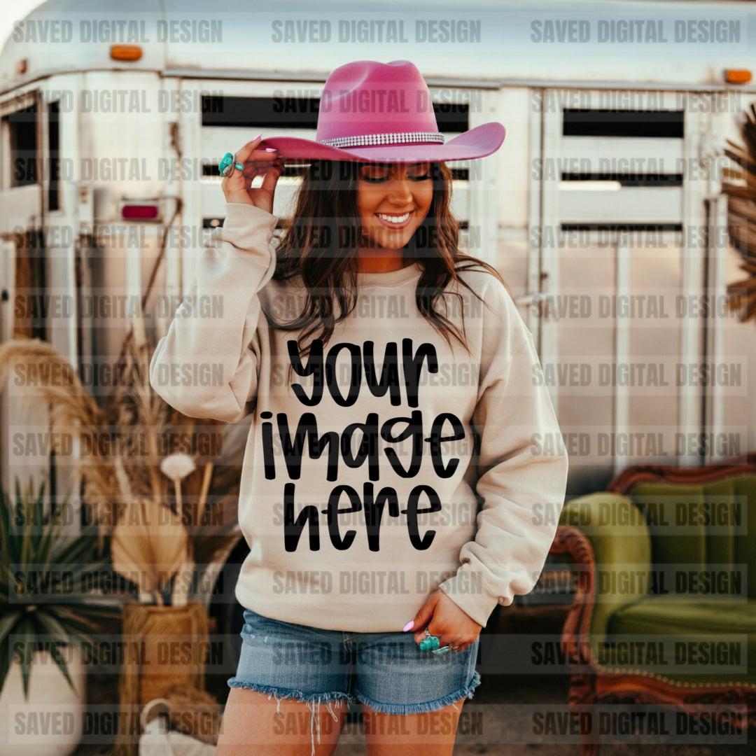 UNBRANDED SAND SWEATSHIRT COWGIRL FRONT MOCKS