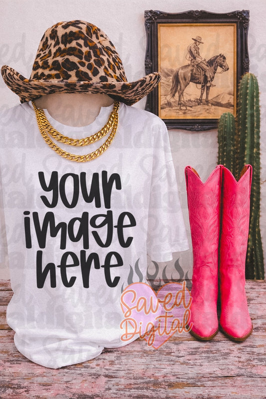 WHITE GILDAN TEE STORE MOCK PINK BOOTS