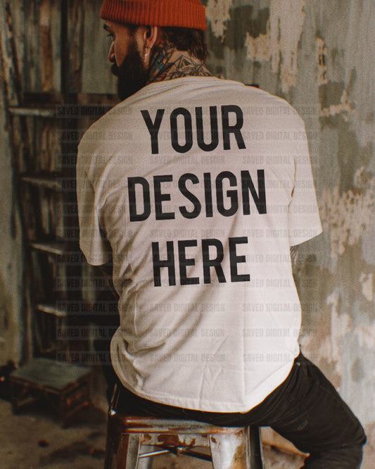 WHITE GILDAN BACK OF T-SHIRT MODELED MEN MOCK EDGY