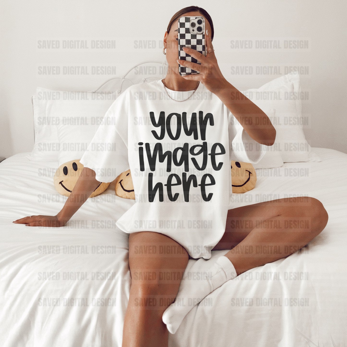 WHITE GILDAN T-SHIRT MODELED MOCK SMILE PILLOW BED