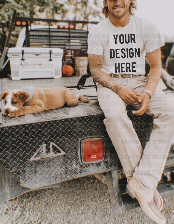 WHITE GILDAN T-SHIRT MODELED MEN MOCK WESTERN TRUCK