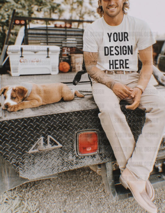 WHITE GILDAN T-SHIRT MODELED MEN MOCK WESTERN TRUCK